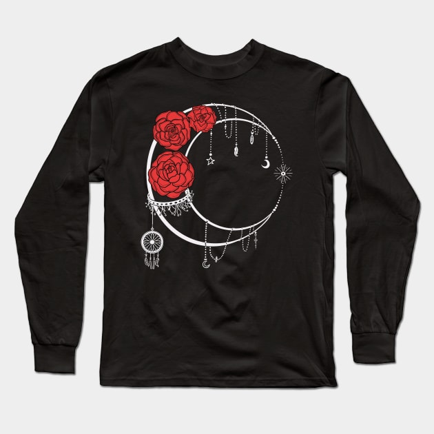 Dark Moon with Black Lines Red Roses Long Sleeve T-Shirt by Kalma Kun